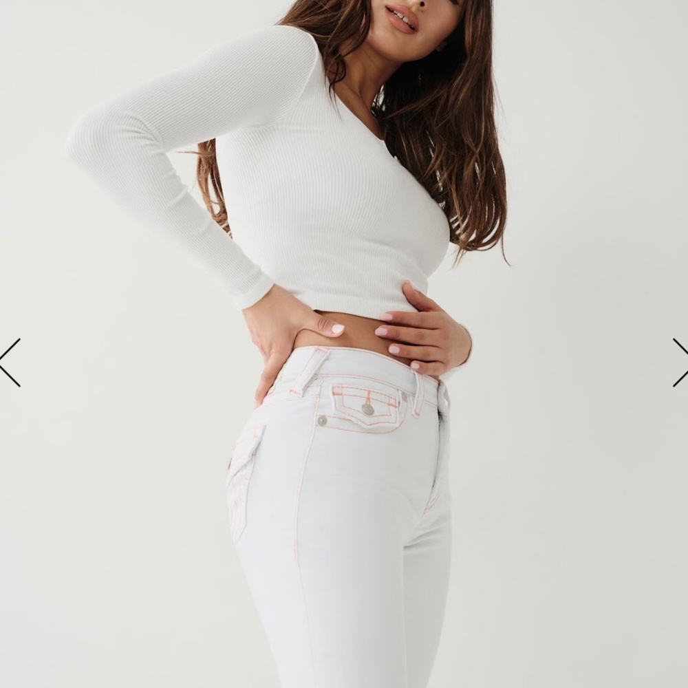 NWT True Religion Jennie Curvy Mid Rise Super Skinny White with Orange Size 31 - Picture 3 of 12